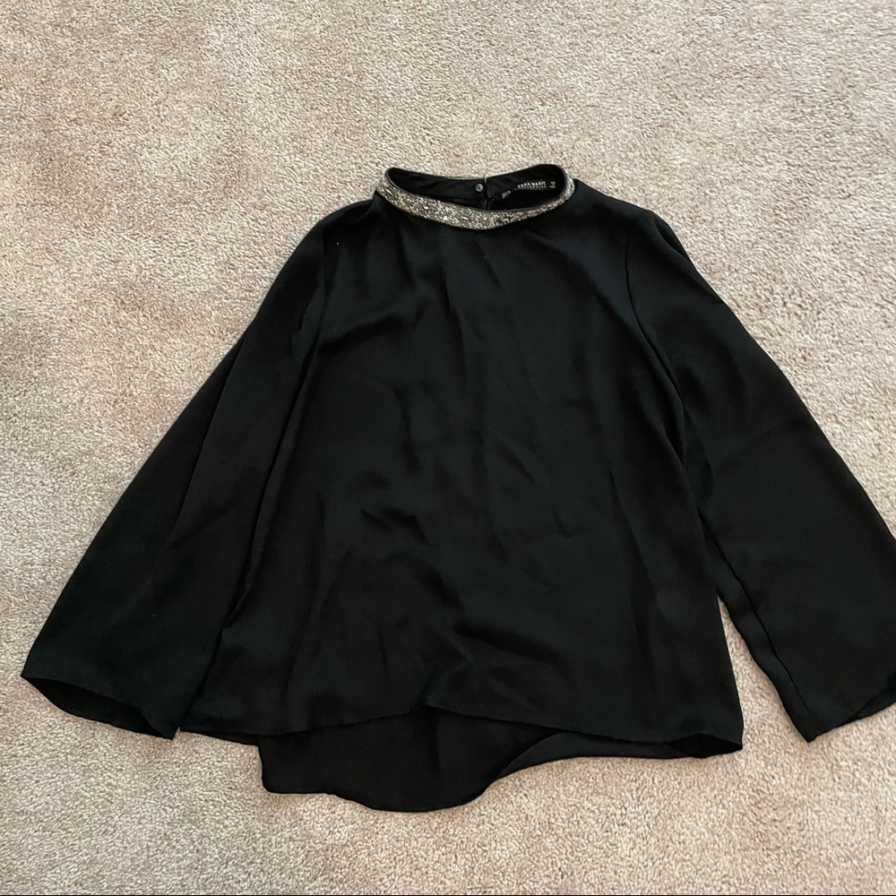 Black Zara blouses with pearls on collar